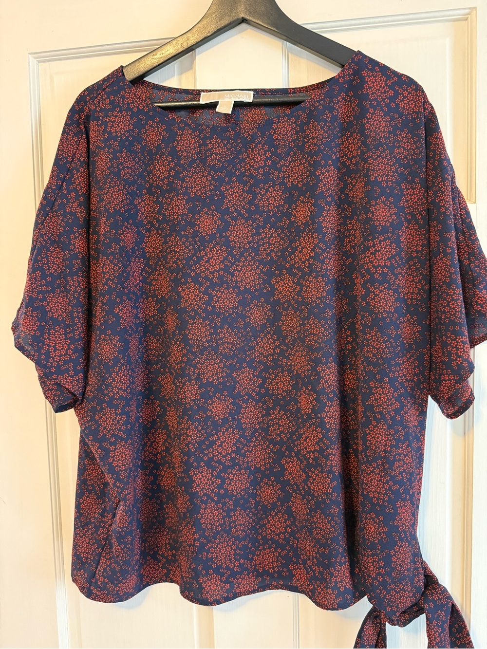 Michael Kors Navy Blue Blouse with Red Floral Print and Side Tie
